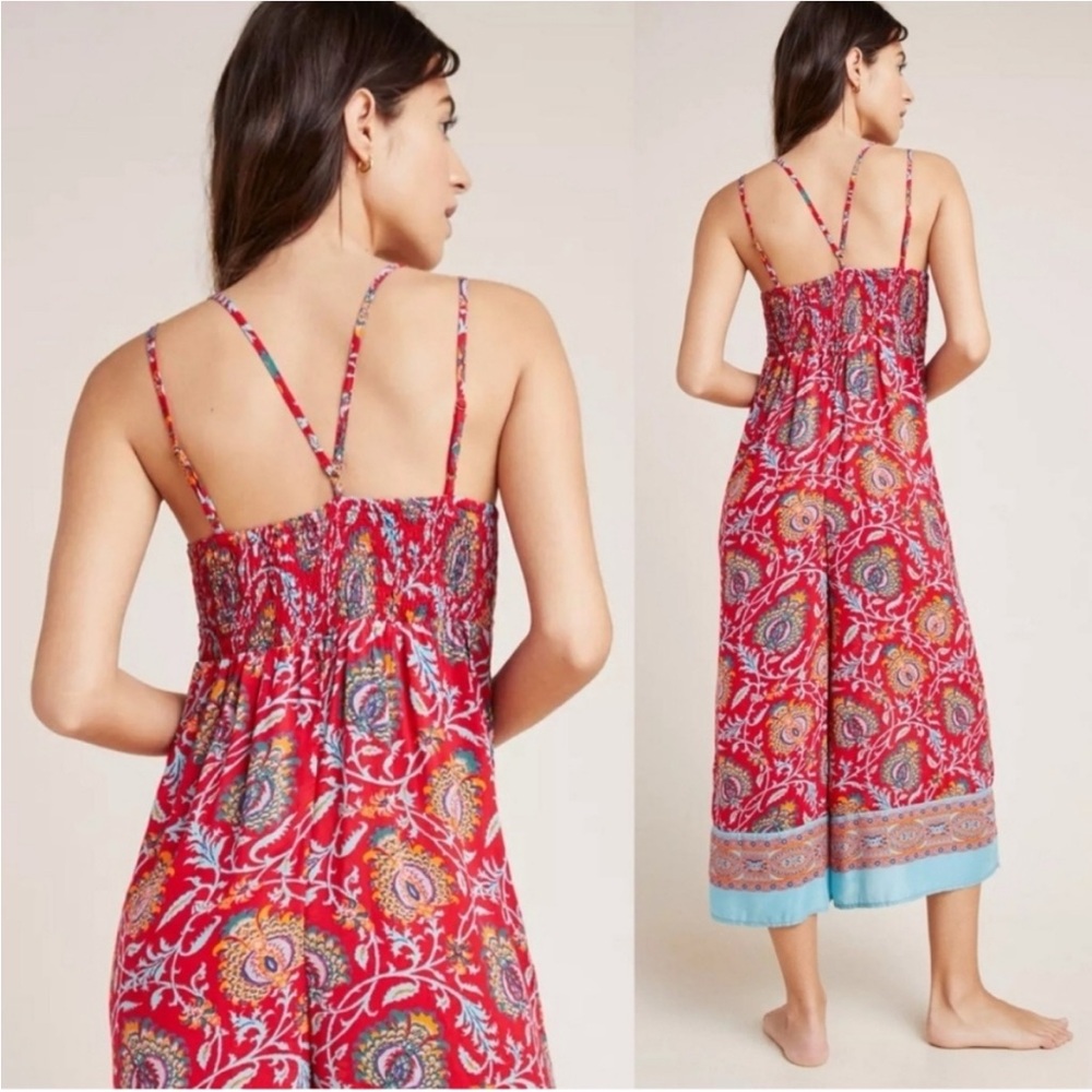 Anthropologie Red Floral Printed Spaghetti-Strap Jumpsuit with Aqua Trim - Picture 2 of 7